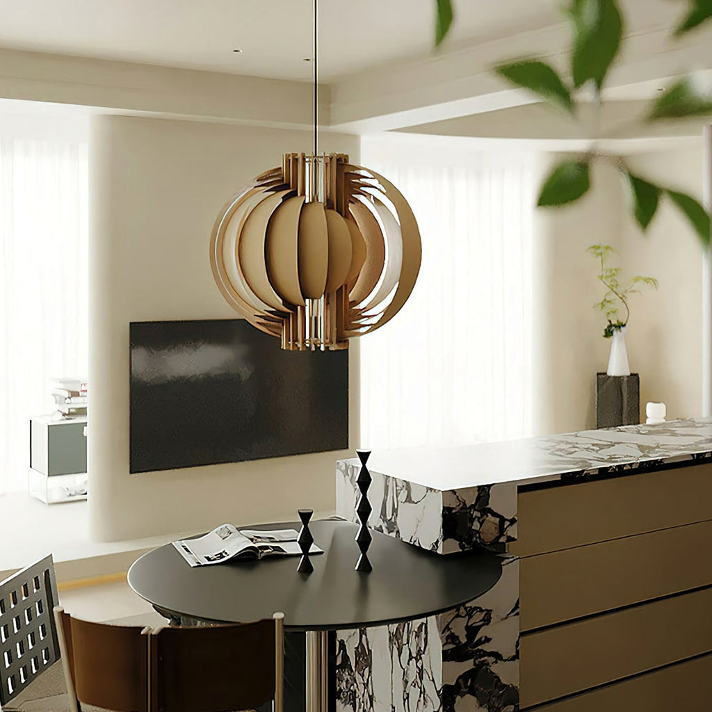 Wooden Lantern Pendant Lamp – Rustic Natural Wood Hanging Light for Dining Room & Entryway