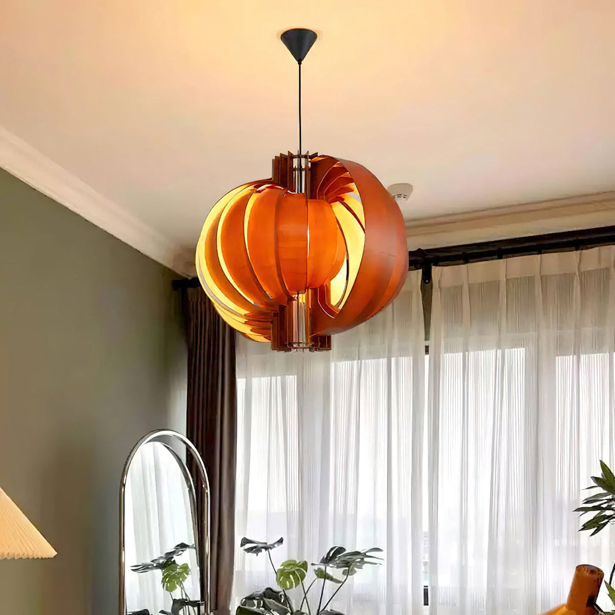 Wooden Lantern Pendant Lamp – Rustic Natural Wood Hanging Light for Dining Room & Entryway