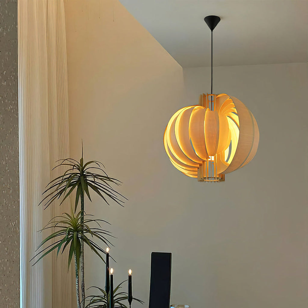 Wooden Lantern Pendant Lamp – Rustic Natural Wood Hanging Light for Dining Room & Entryway