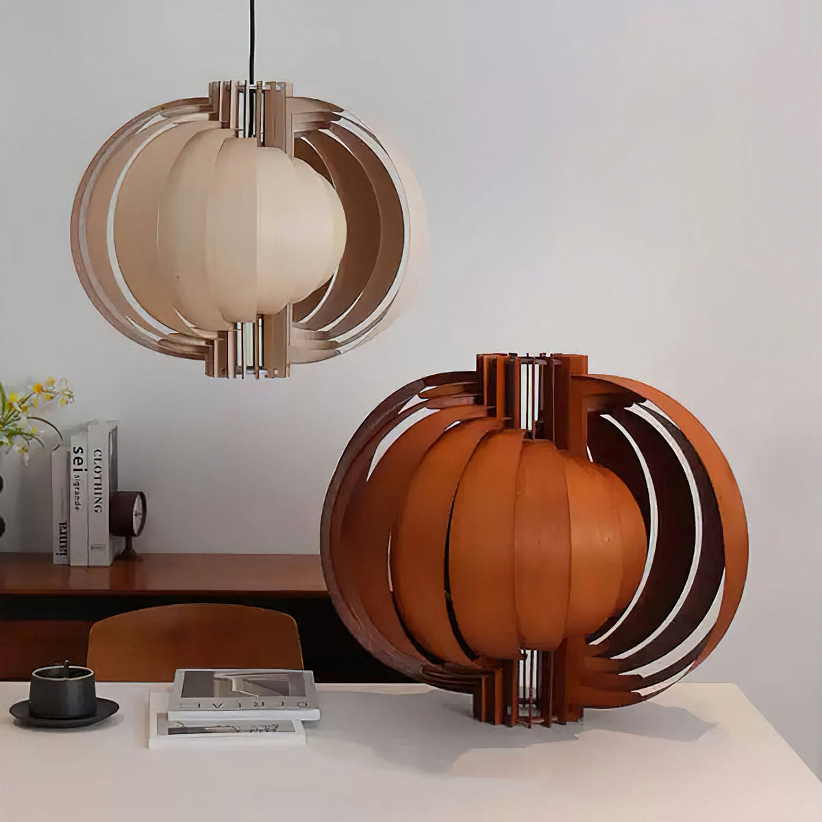 Wooden Lantern Pendant Lamp – Rustic Natural Wood Hanging Light for Dining Room & Entryway