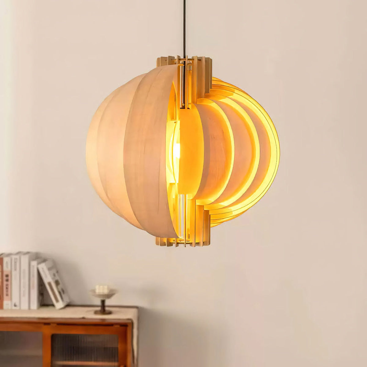 Wooden Lantern Pendant Lamp – Rustic Natural Wood Hanging Light for Dining Room & Entryway