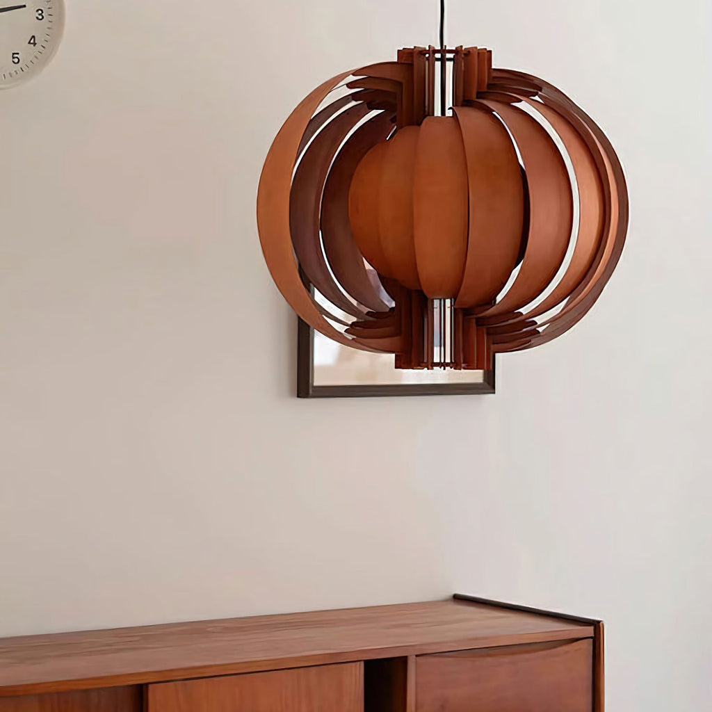 Wooden Lantern Pendant Lamp – Rustic Natural Wood Hanging Light for Dining Room & Entryway