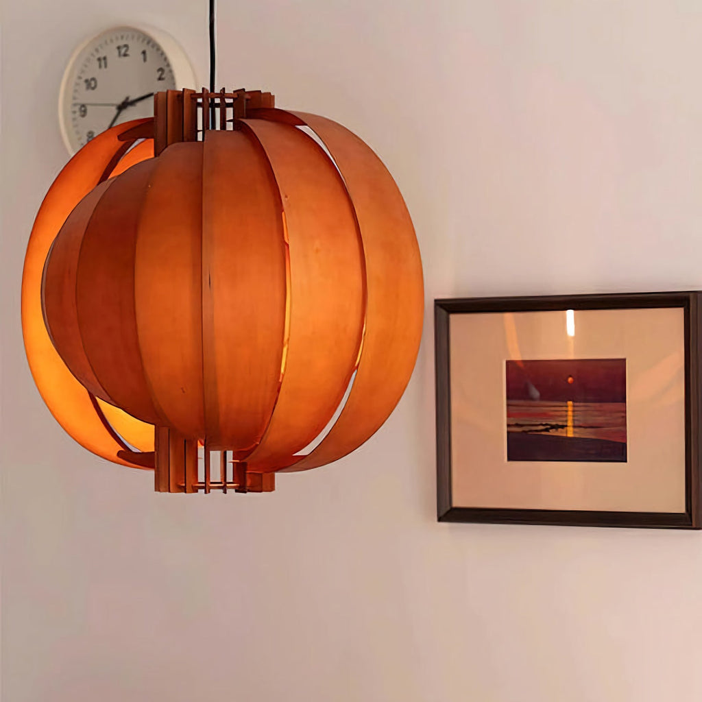 Wooden Lantern Pendant Lamp – Rustic Natural Wood Hanging Light for Dining Room & Entryway