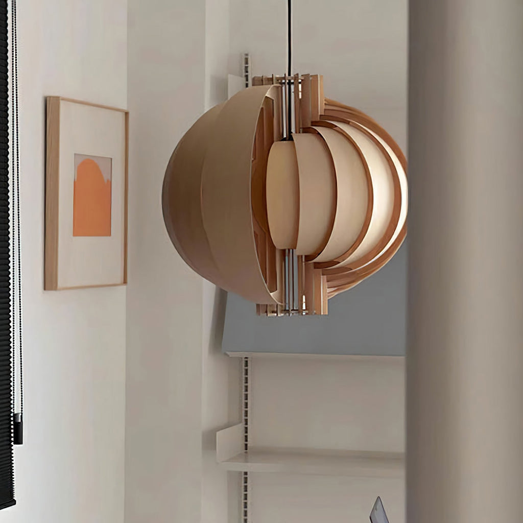 Wooden Lantern Pendant Lamp – Rustic Natural Wood Hanging Light for Dining Room & Entryway