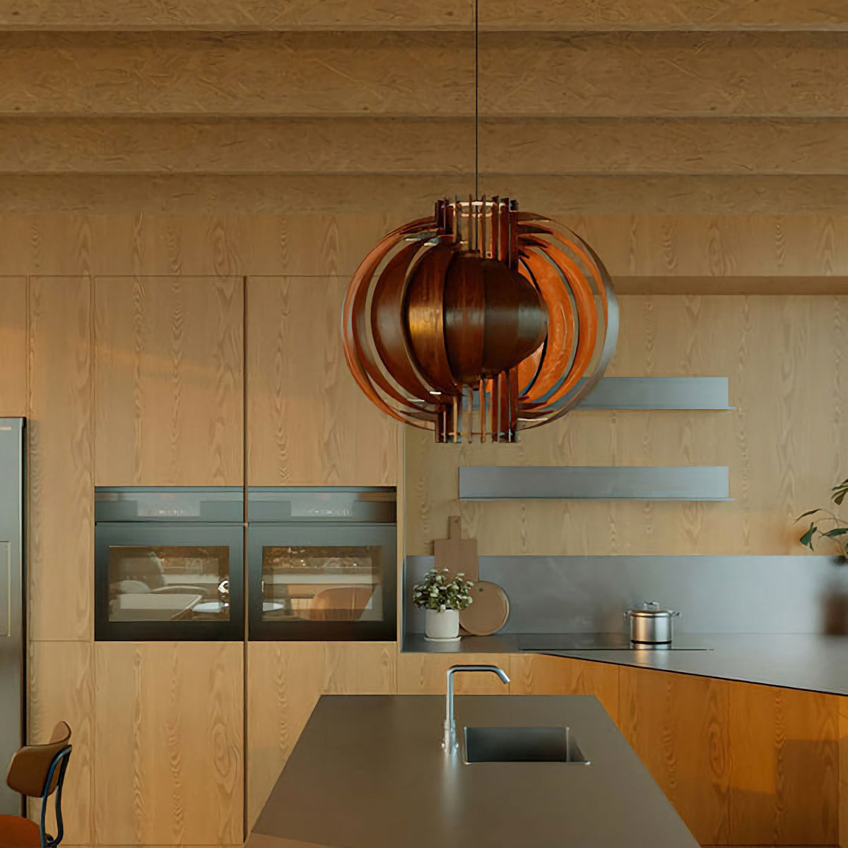 Wooden Lantern Pendant Lamp – Rustic Natural Wood Hanging Light for Dining Room & Entryway