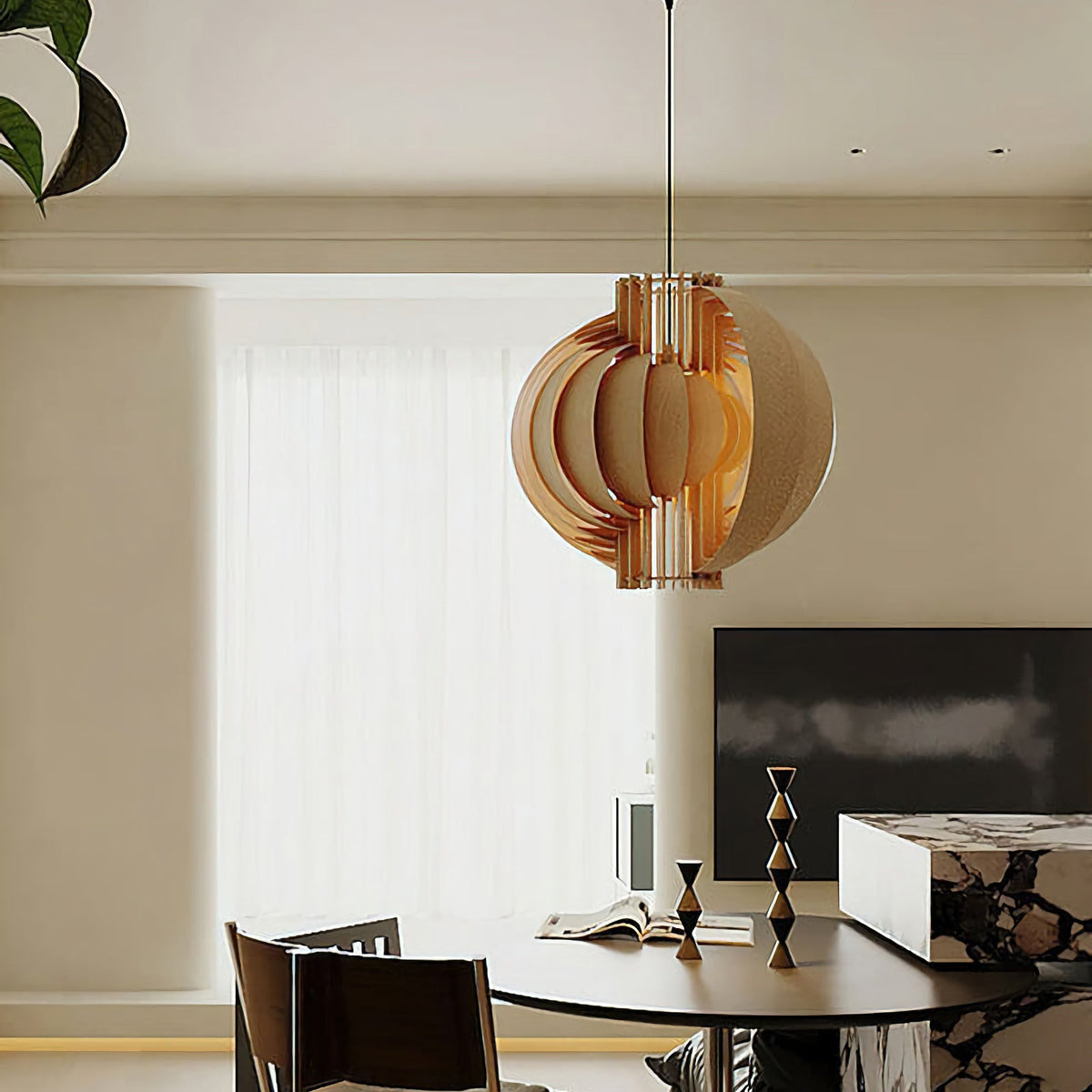 Wooden Lantern Pendant Lamp – Rustic Natural Wood Hanging Light for Dining Room & Entryway
