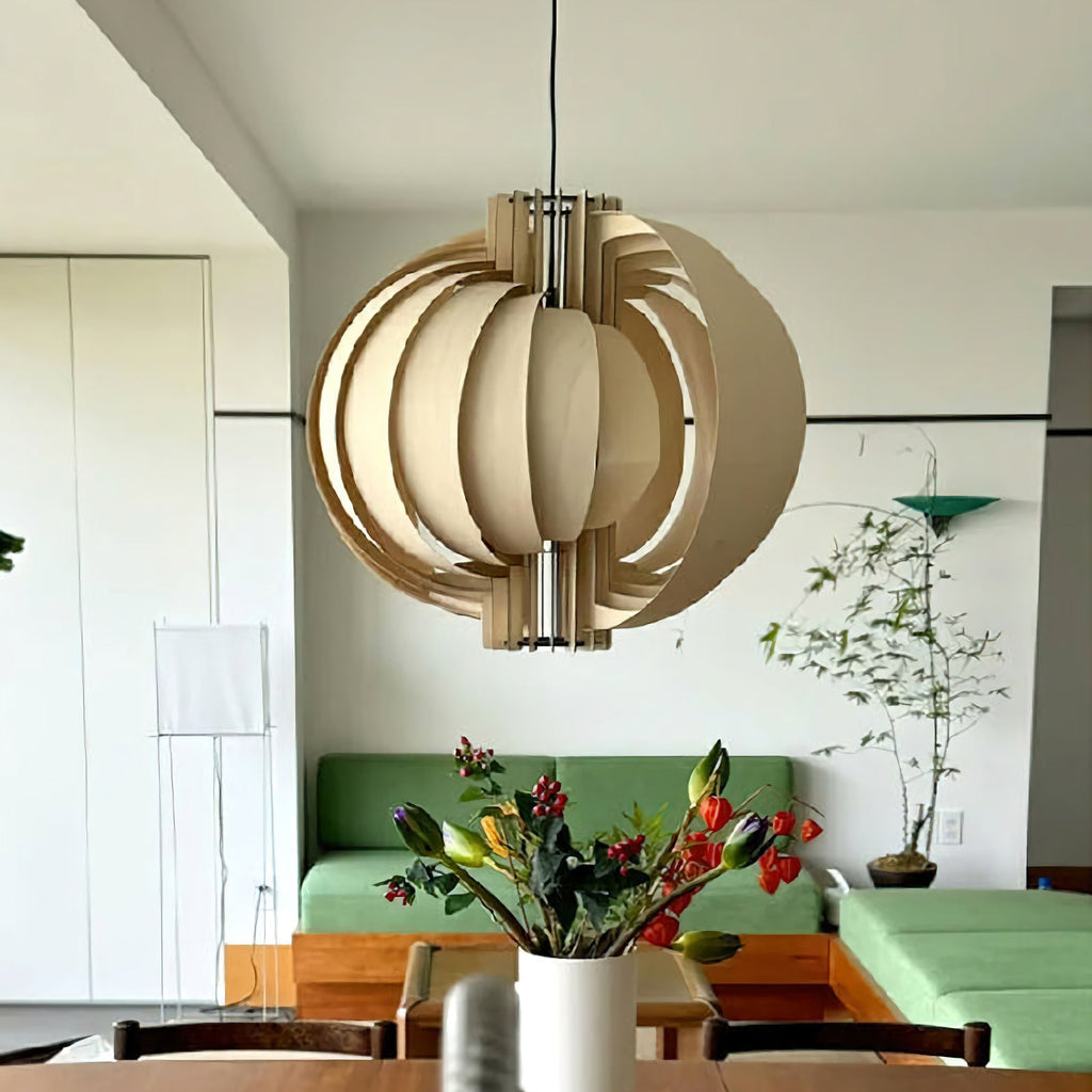 Wooden Lantern Pendant Lamp – Rustic Natural Wood Hanging Light for Dining Room & Entryway
