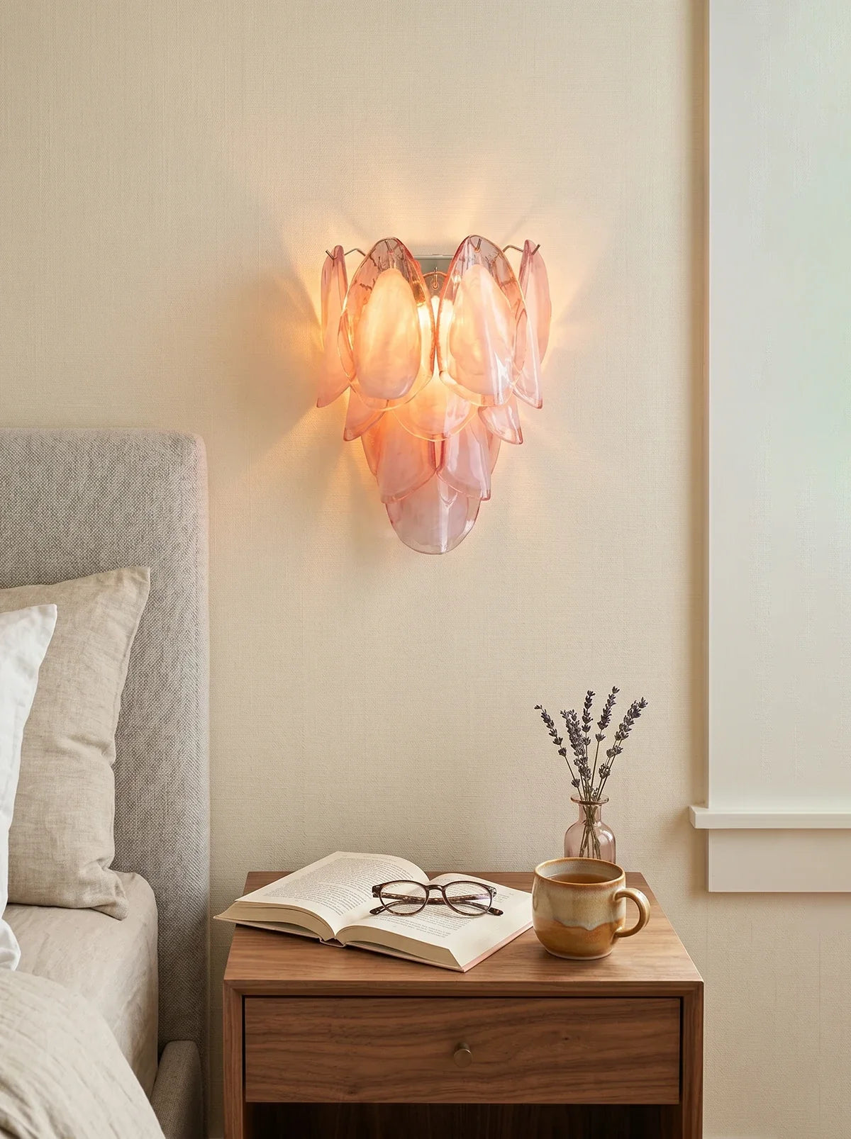 Pink Lotus Textured Glass Wall Sconce – Decorative Floral Wall Light for Bedroom & Living Room