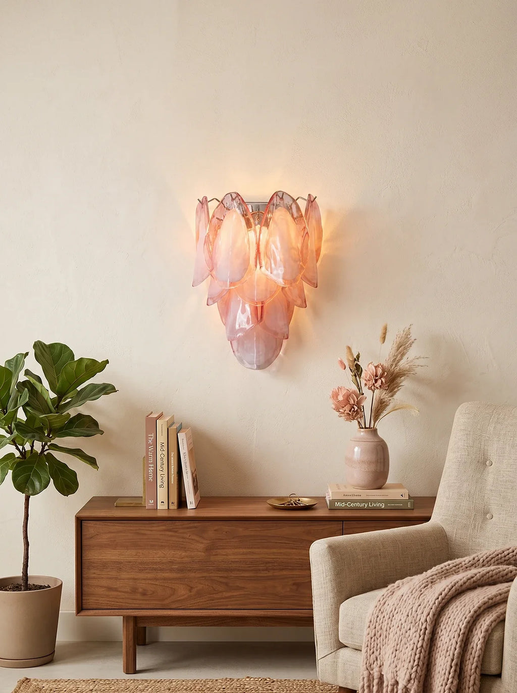 Pink Lotus Textured Glass Wall Sconce – Decorative Floral Wall Light for Bedroom & Living Room