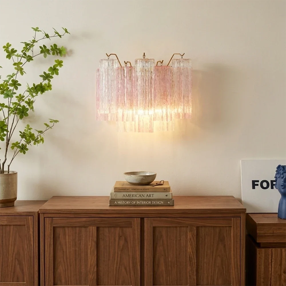 Pink Star-Shaped Glass Wall Light – Artistic Ice Glass Tube Sconce for Bedroom & Living Room