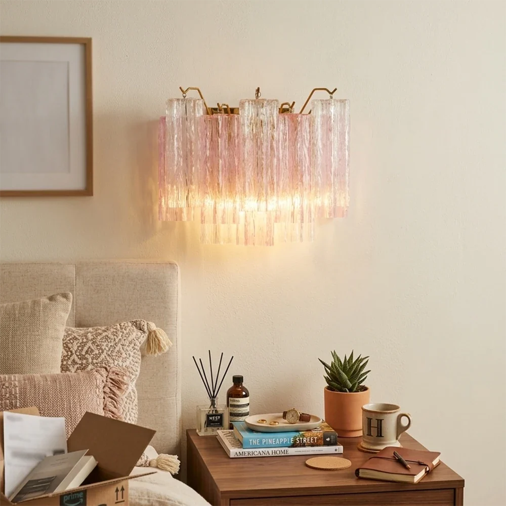 Pink Star-Shaped Glass Wall Light – Artistic Ice Glass Tube Sconce for Bedroom & Living Room