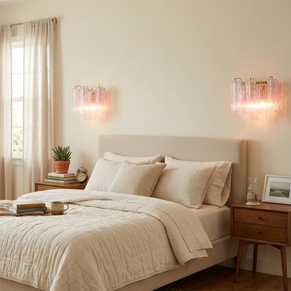 Pink Star-Shaped Glass Wall Light – Artistic Ice Glass Tube Sconce for Bedroom & Living Room