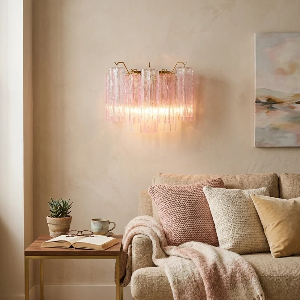 Pink Star-Shaped Glass Wall Light – Artistic Ice Glass Tube Sconce for Bedroom & Living Room