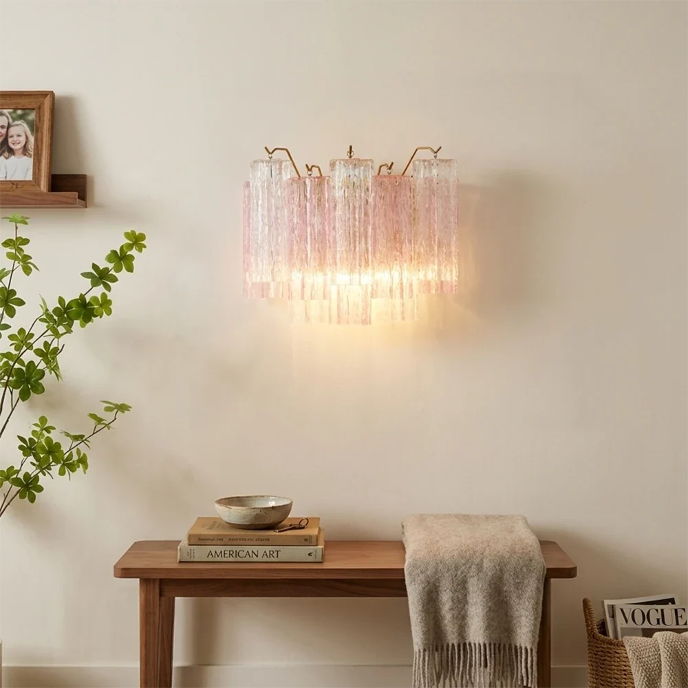Pink Star-Shaped Glass Wall Light – Artistic Ice Glass Tube Sconce for Bedroom & Living Room