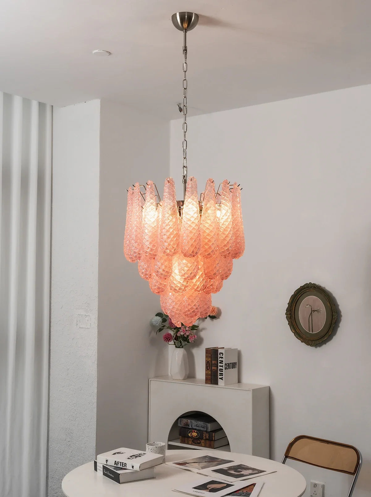 Pink Layered Dewdrop Glass Chandelier – Romantic Tiered Ceiling Light for Bedroom & Dining Room
