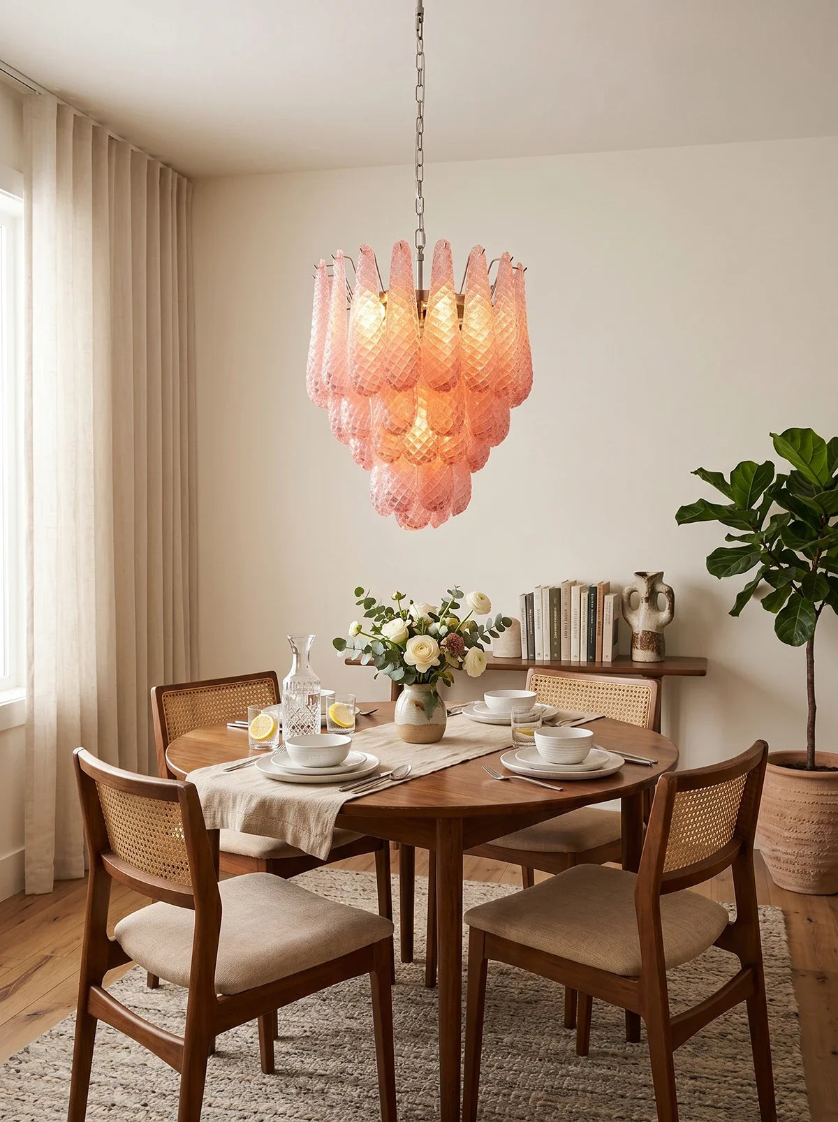 Pink Layered Dewdrop Glass Chandelier – Romantic Tiered Ceiling Light for Bedroom & Dining Room