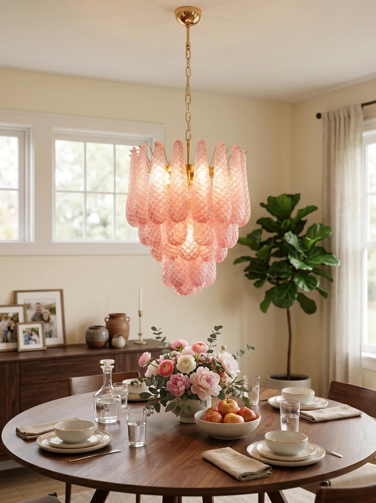 Pink Layered Dewdrop Glass Chandelier – Romantic Tiered Ceiling Light for Bedroom & Dining Room