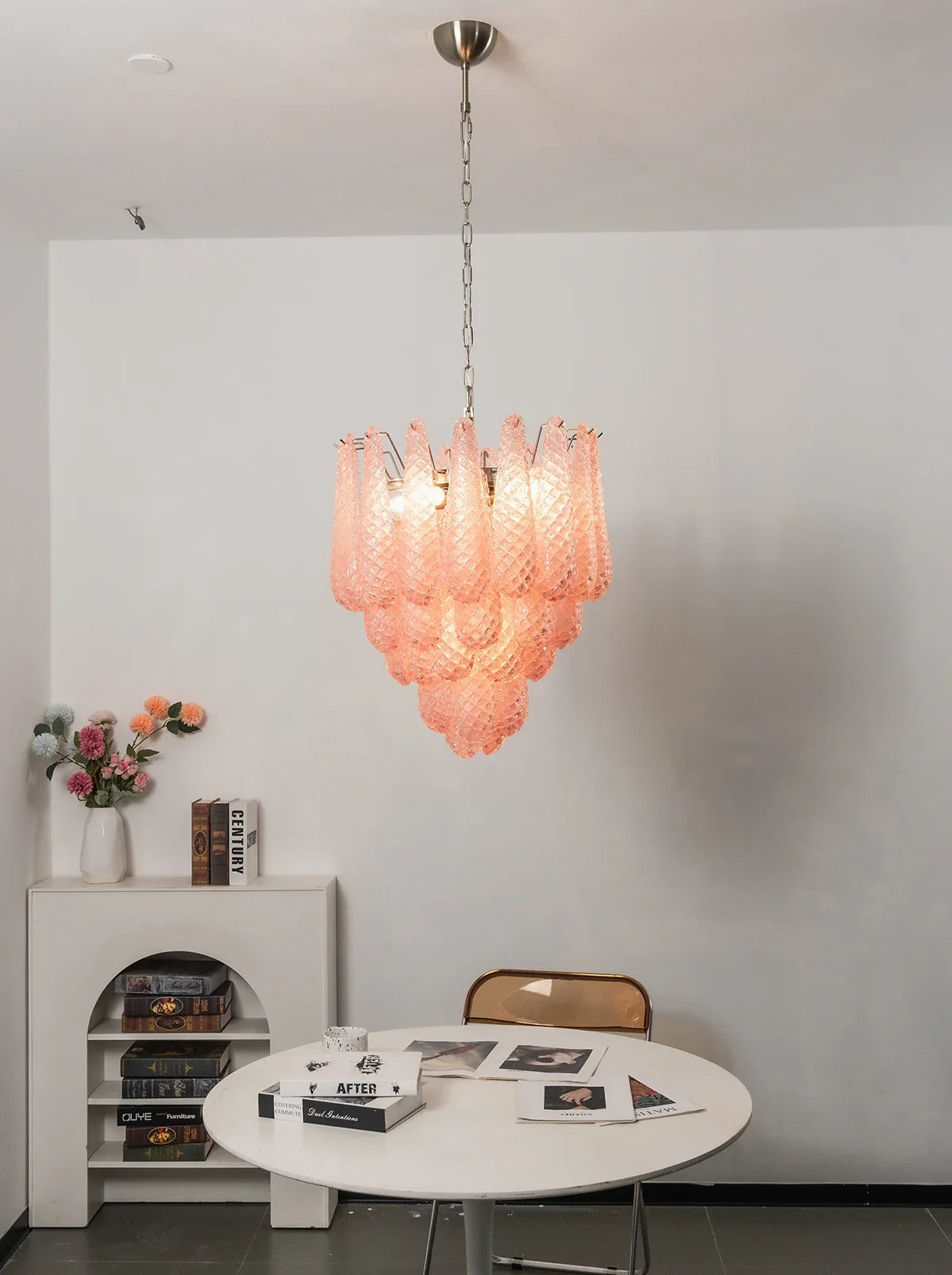 Pink Layered Dewdrop Glass Chandelier – Romantic Tiered Ceiling Light for Bedroom & Dining Room