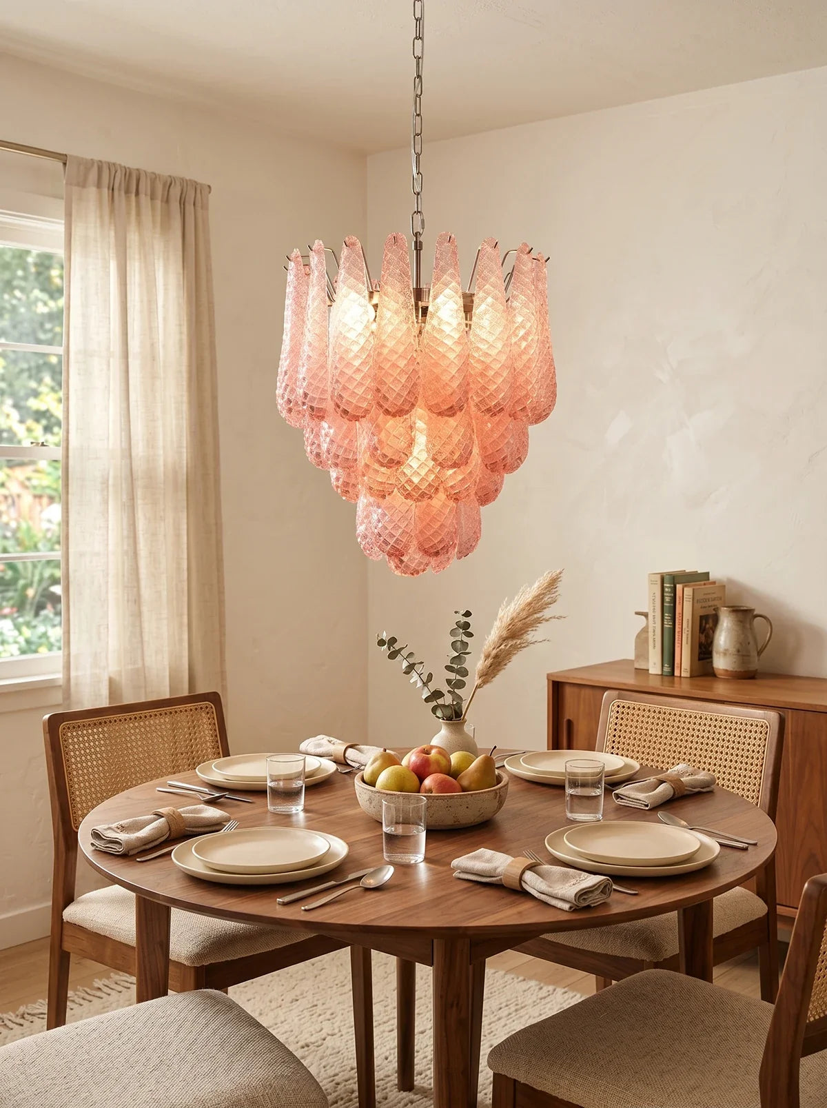 Pink Layered Dewdrop Glass Chandelier – Romantic Tiered Ceiling Light for Bedroom & Dining Room