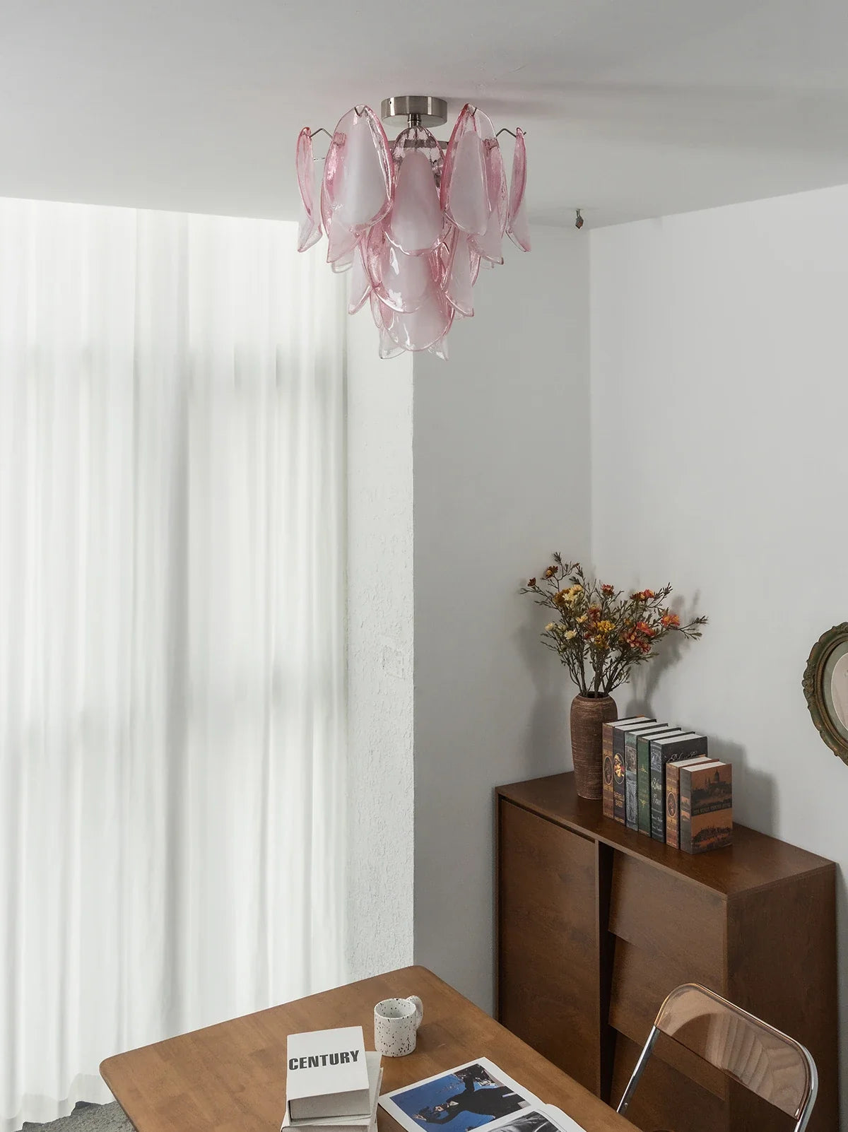 Pink Lotus Textured Glass Ceiling Lamp – Floral Flush Mount Light for Bedroom & Living Room