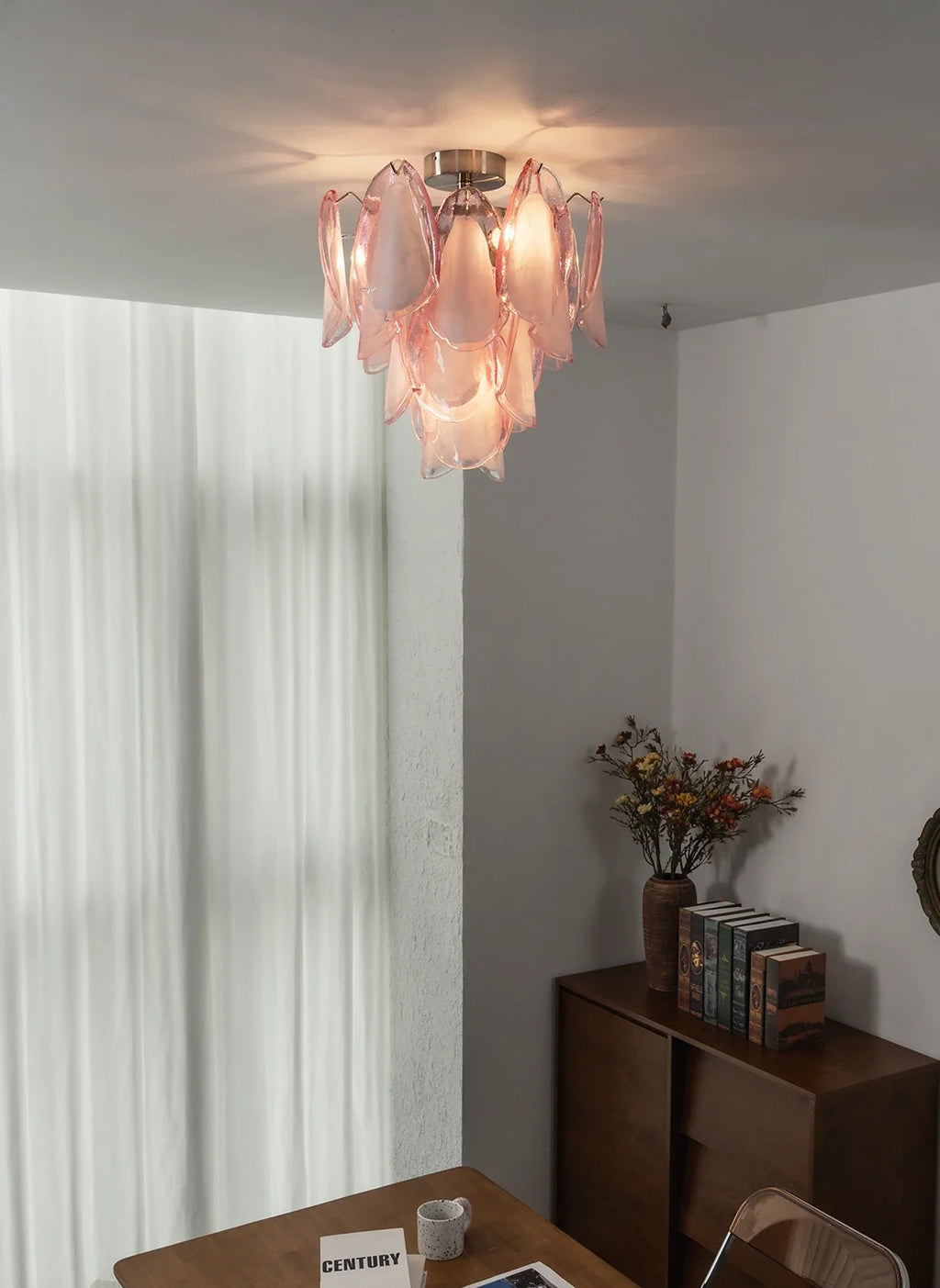 Pink Lotus Textured Glass Ceiling Lamp – Floral Flush Mount Light for Bedroom & Living Room