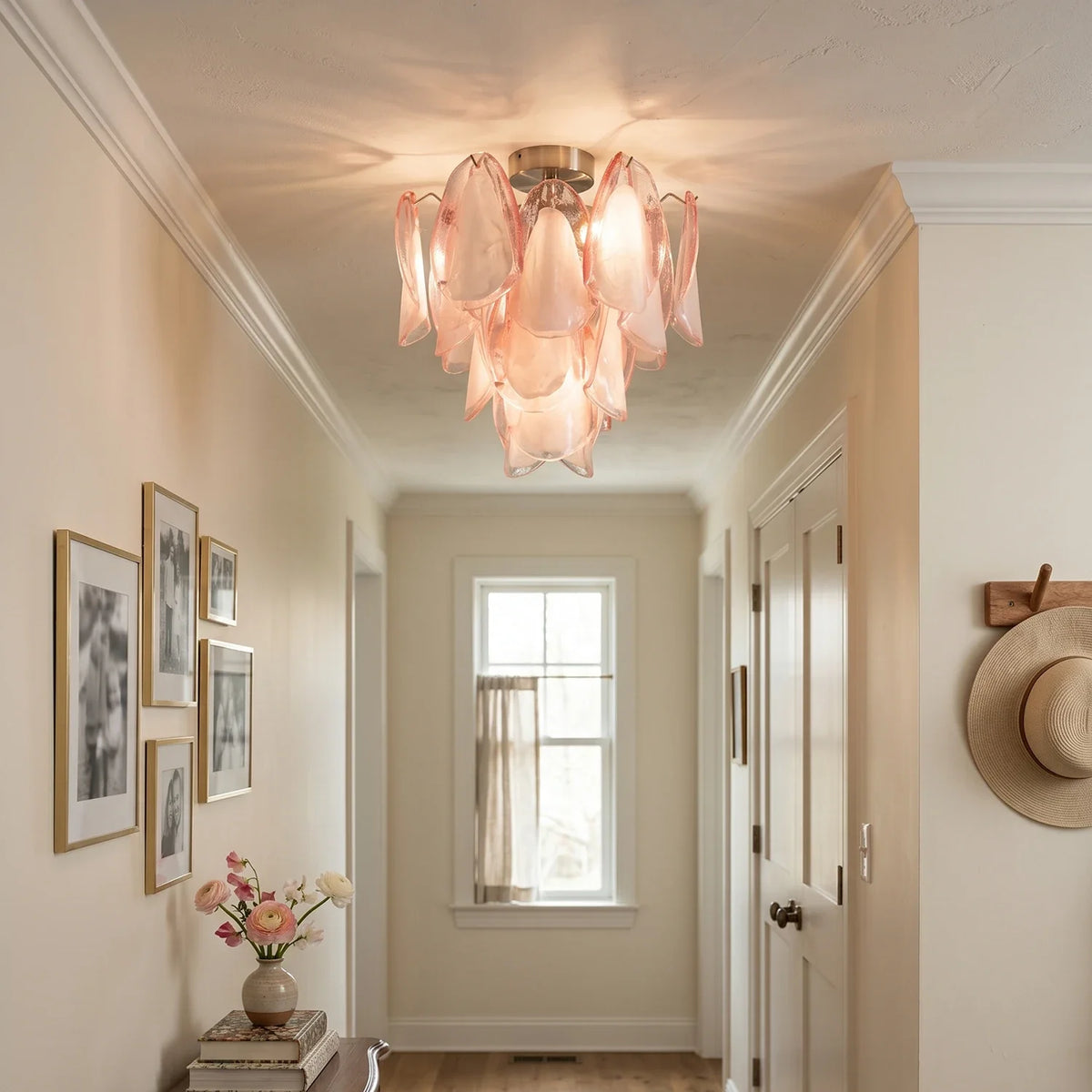 Pink Lotus Textured Glass Ceiling Lamp – Floral Flush Mount Light for Bedroom & Living Room