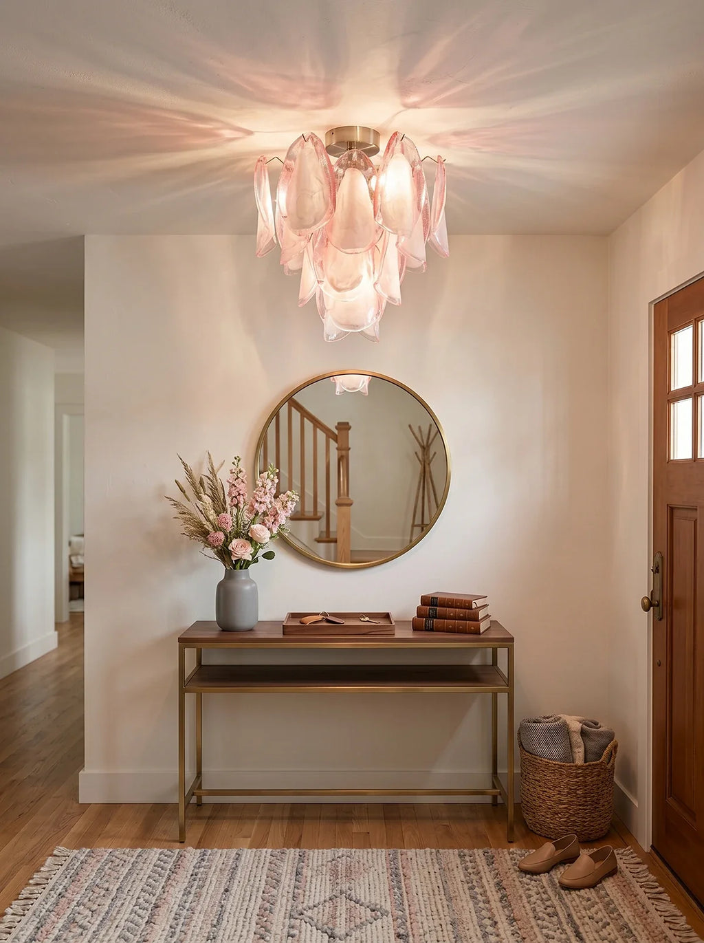 Pink Lotus Textured Glass Ceiling Lamp – Floral Flush Mount Light for Bedroom & Living Room