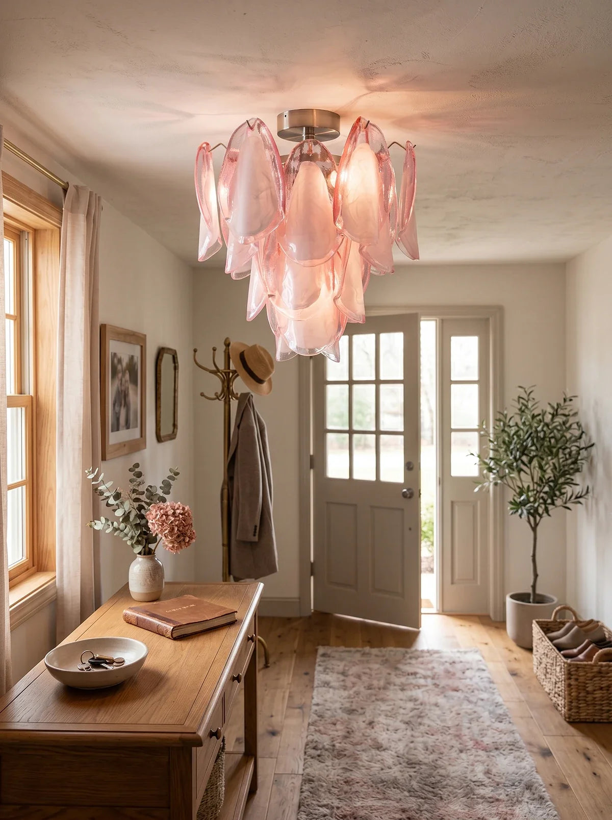Pink Lotus Textured Glass Ceiling Lamp – Floral Flush Mount Light for Bedroom & Living Room