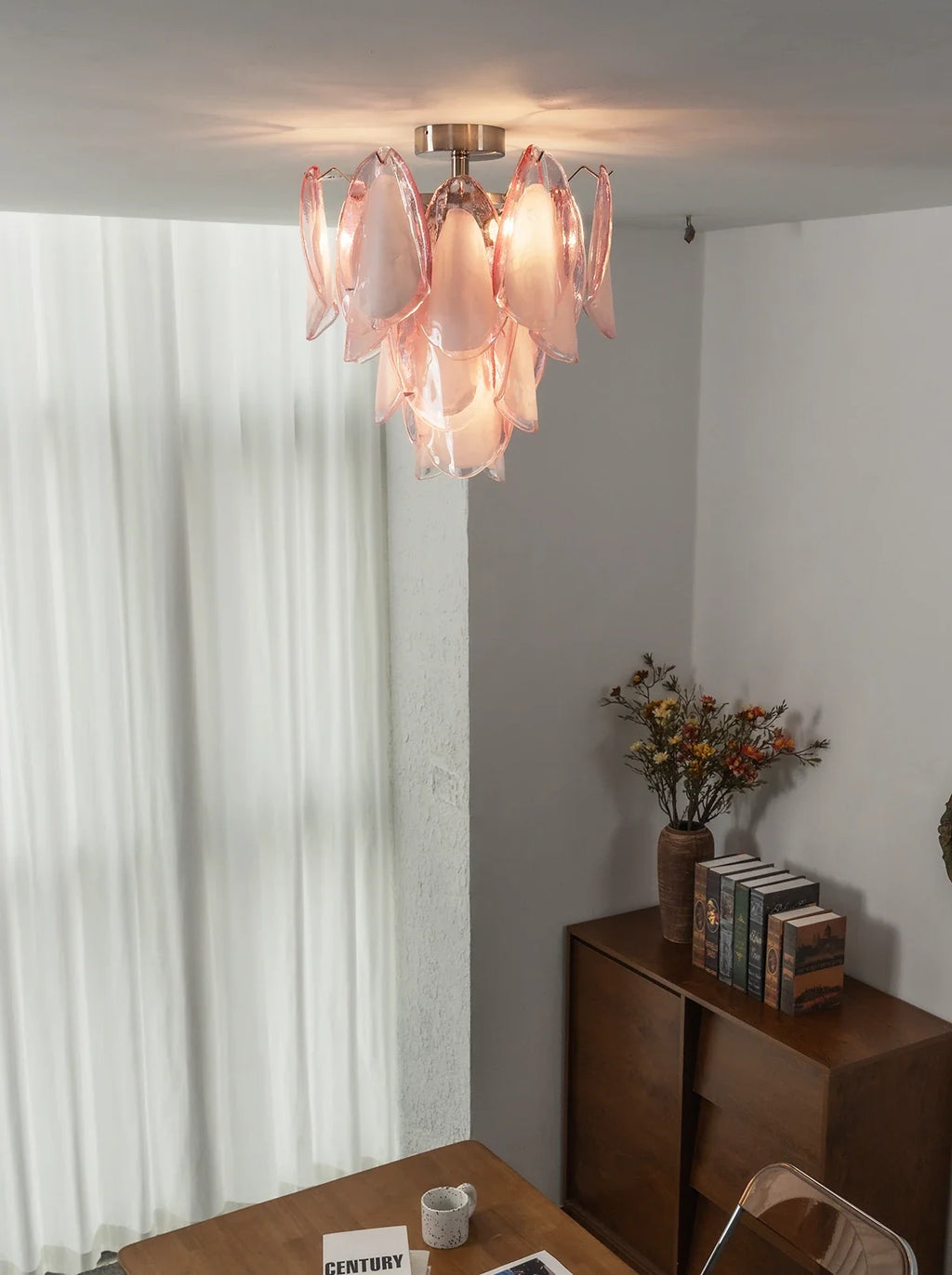 Pink Lotus Textured Glass Ceiling Lamp – Floral Flush Mount Light for Bedroom & Living Room
