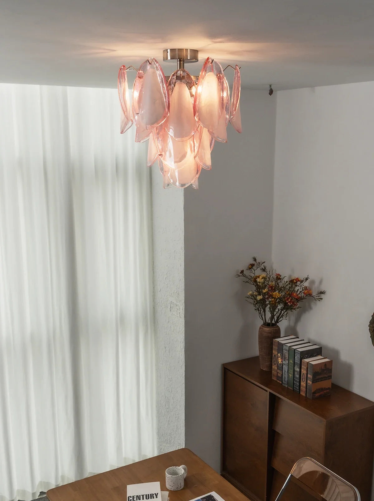 Pink Lotus Textured Glass Ceiling Lamp – Floral Flush Mount Light for Bedroom & Living Room