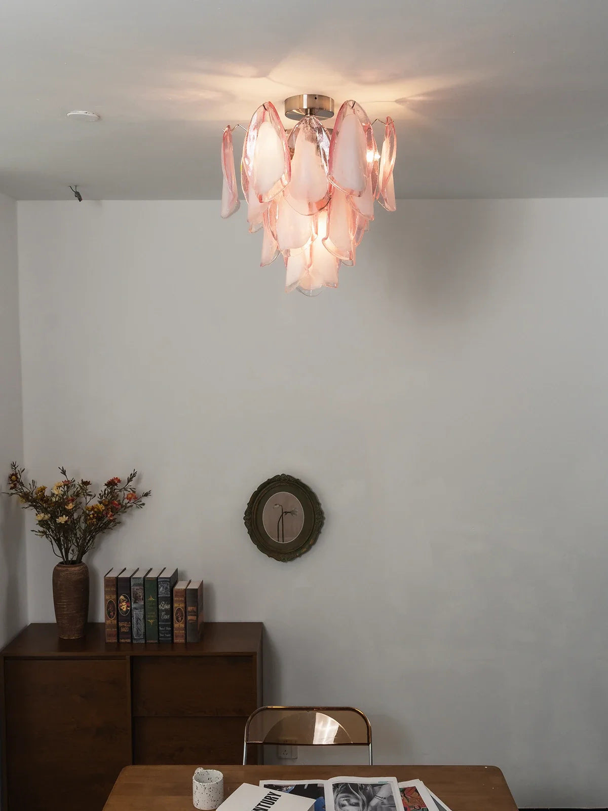 Pink Lotus Textured Glass Ceiling Lamp – Floral Flush Mount Light for Bedroom & Living Room