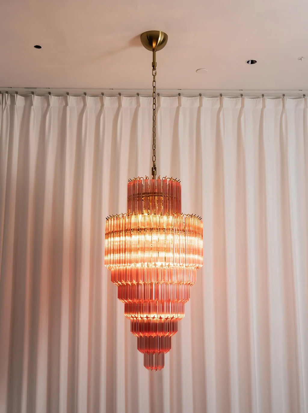 Pink Tiered Fluted Glass Waterfall Chandelier – Romantic Cascading Ceiling Light for Bedroom & Dining Room