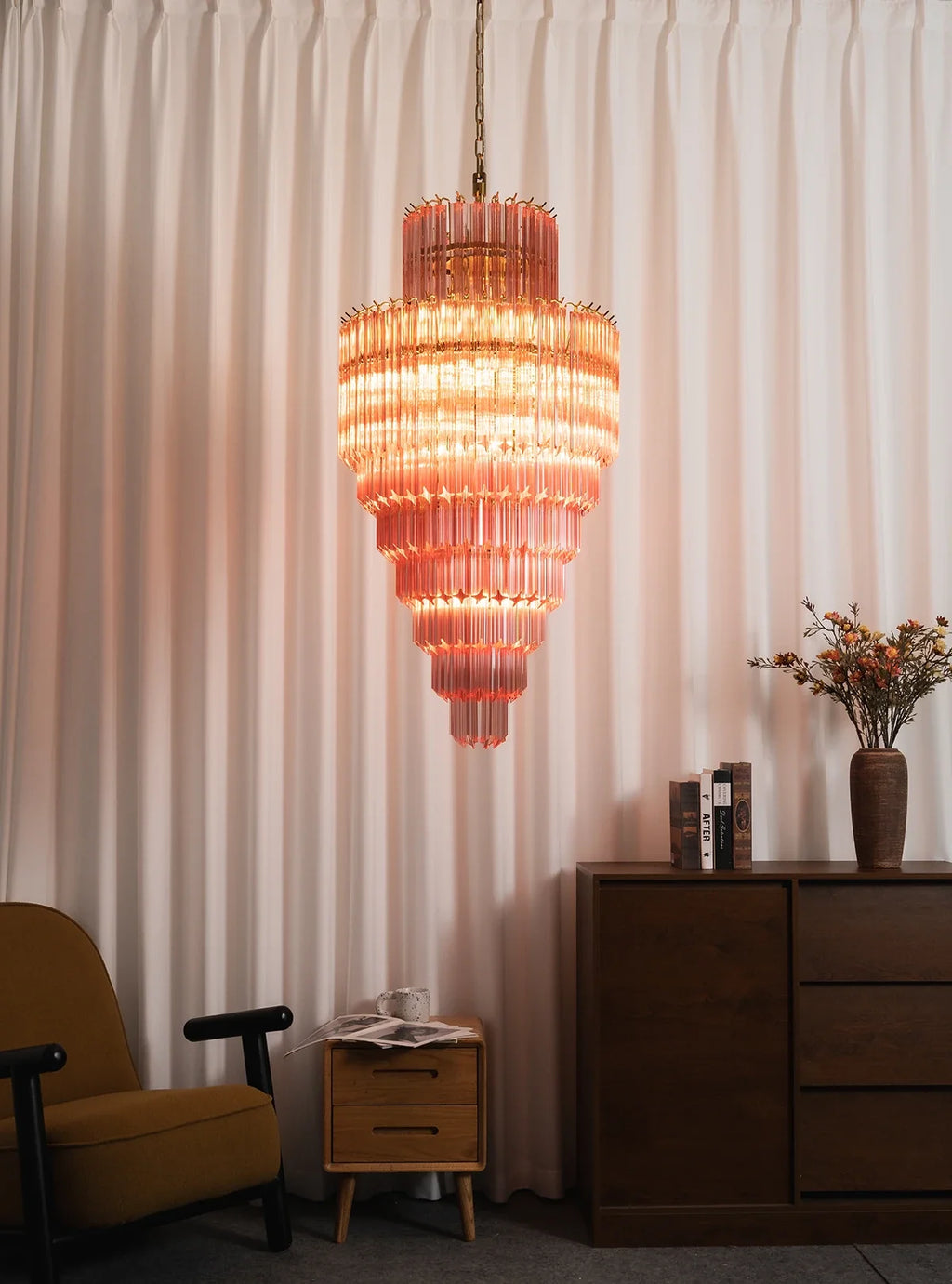 Pink Tiered Fluted Glass Waterfall Chandelier – Romantic Cascading Ceiling Light for Bedroom & Dining Room