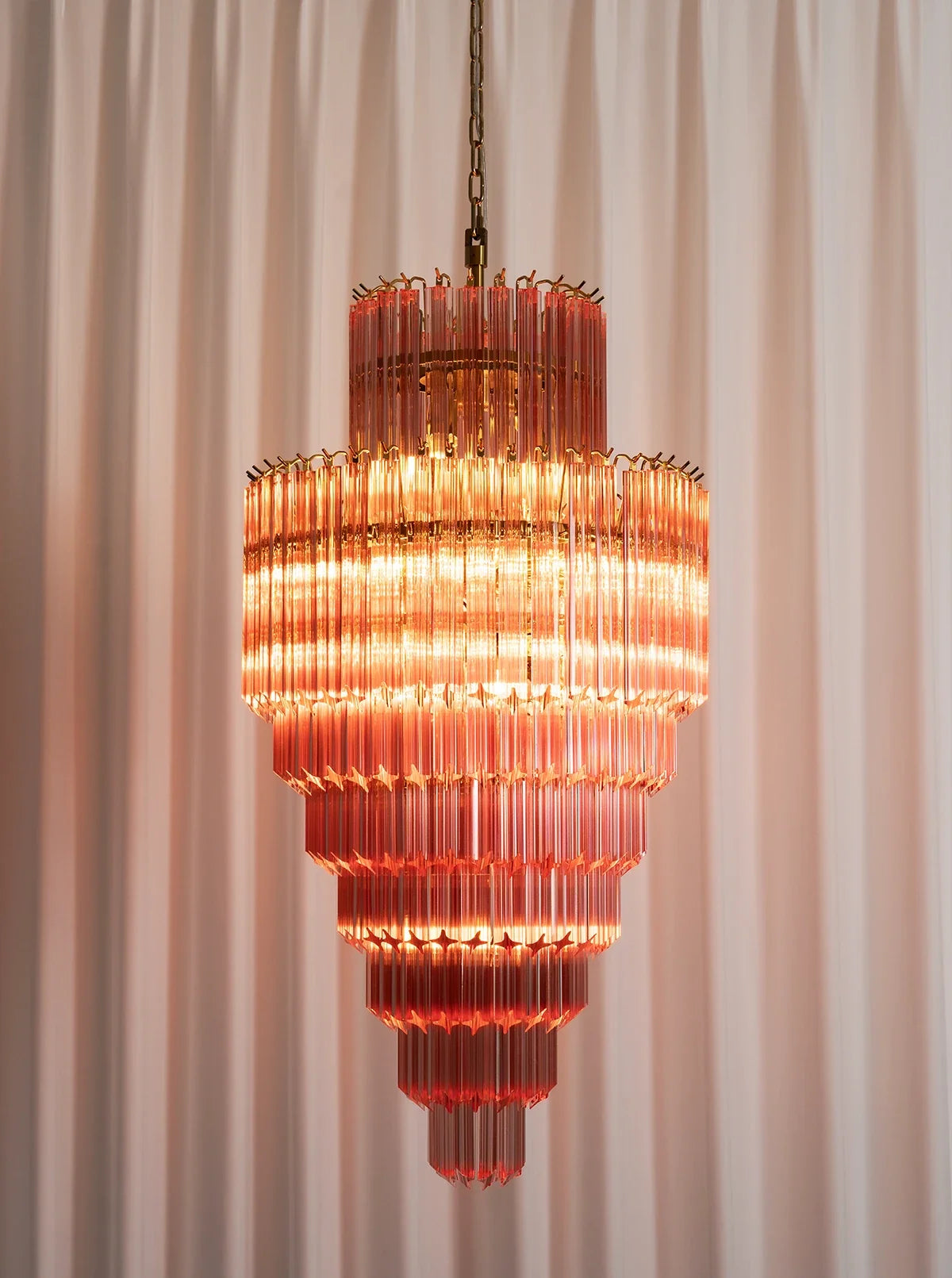 Pink Tiered Fluted Glass Waterfall Chandelier – Romantic Cascading Ceiling Light for Bedroom & Dining Room