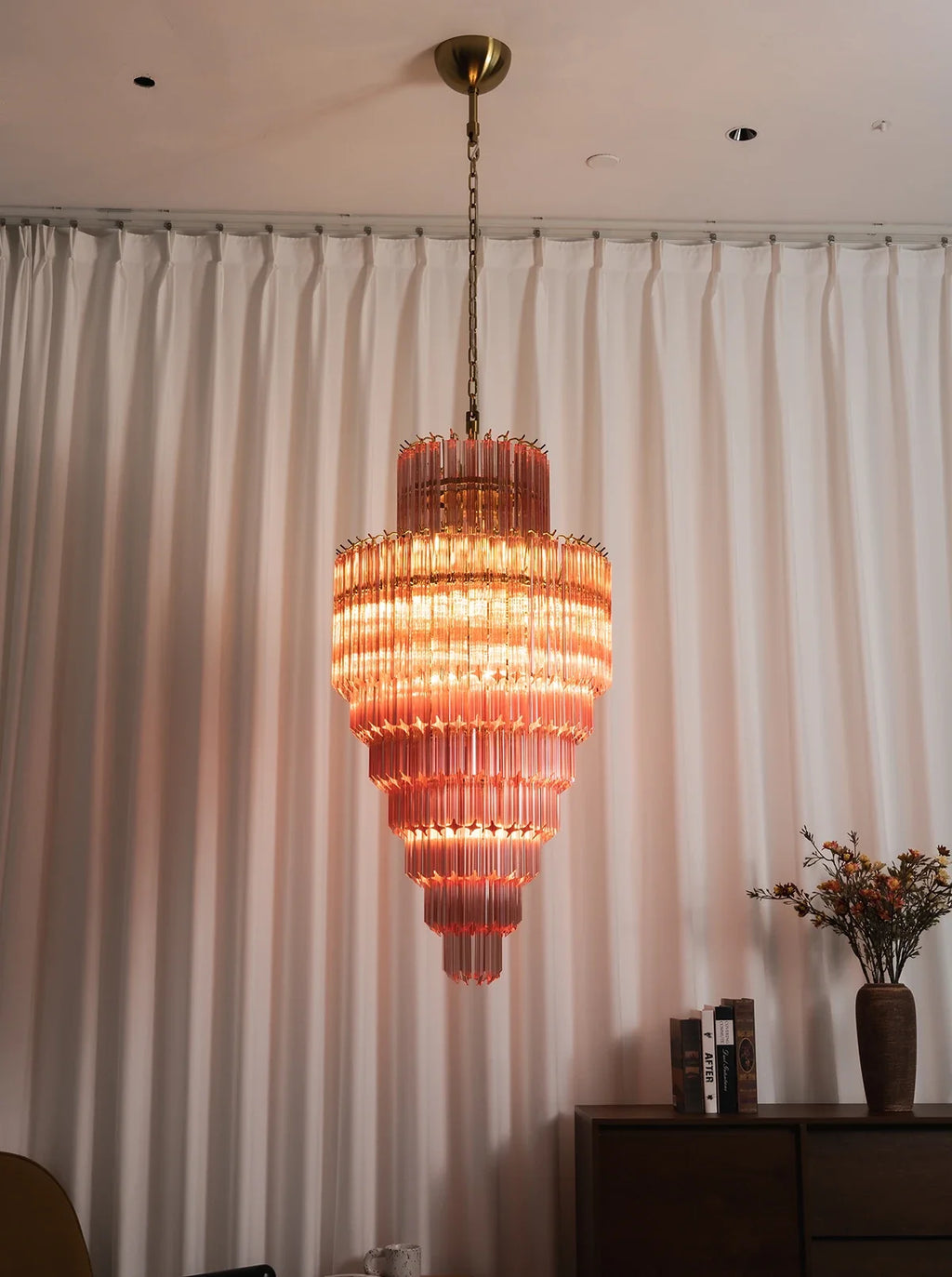 Pink Tiered Fluted Glass Waterfall Chandelier – Romantic Cascading Ceiling Light for Bedroom & Dining Room
