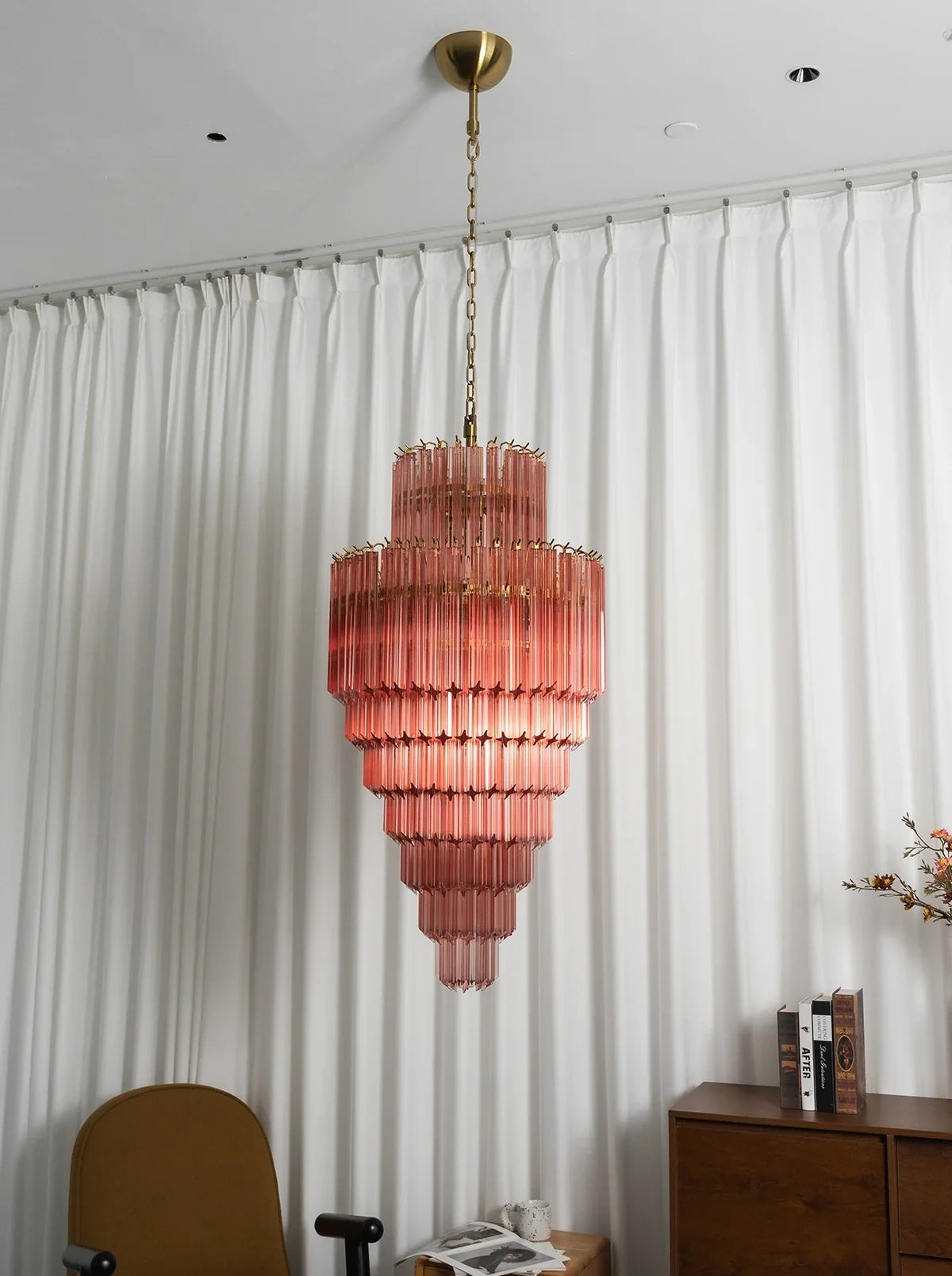 Pink Tiered Fluted Glass Waterfall Chandelier – Romantic Cascading Ceiling Light for Bedroom & Dining Room