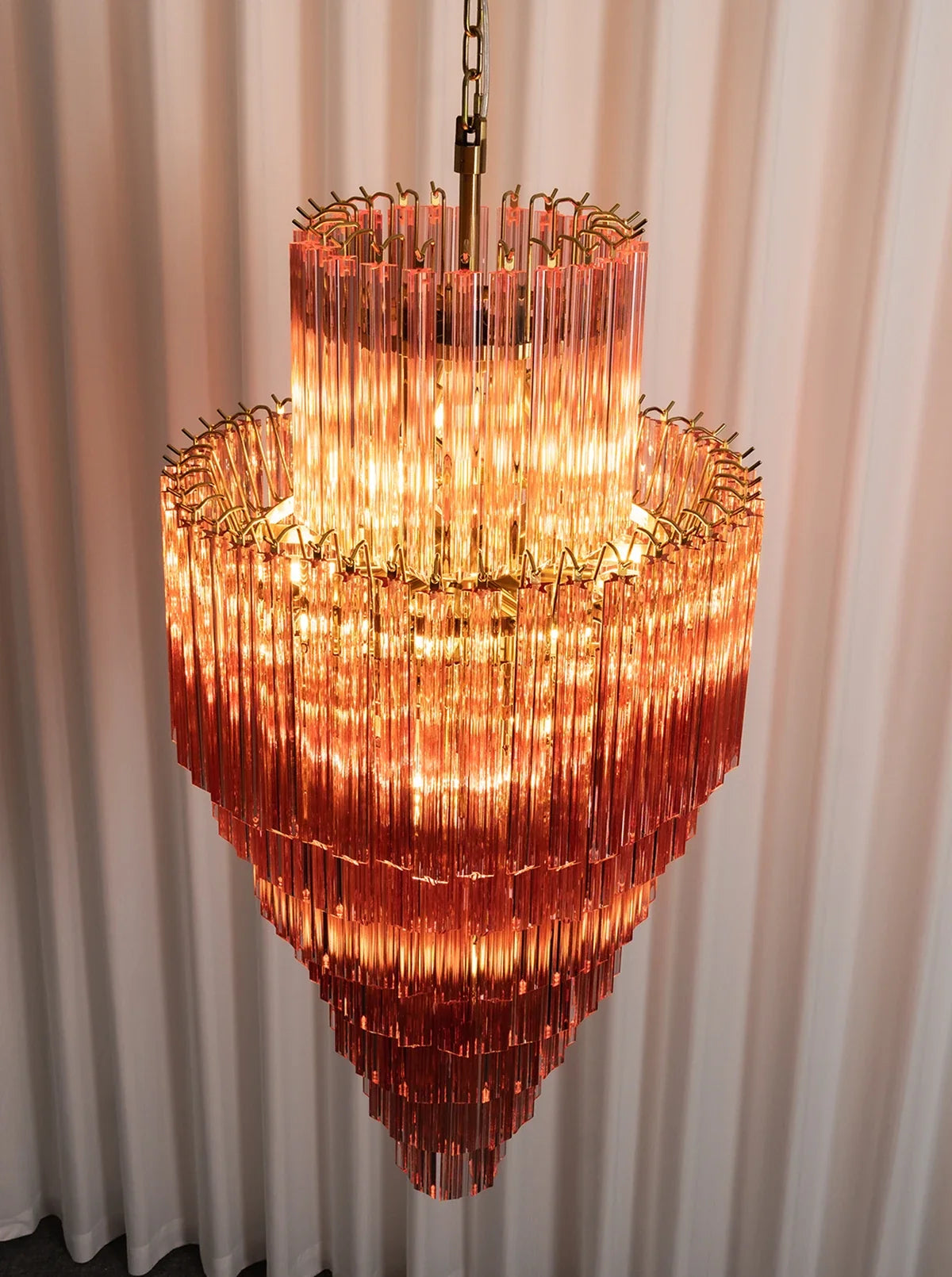 Pink Tiered Fluted Glass Waterfall Chandelier – Romantic Cascading Ceiling Light for Bedroom & Dining Room