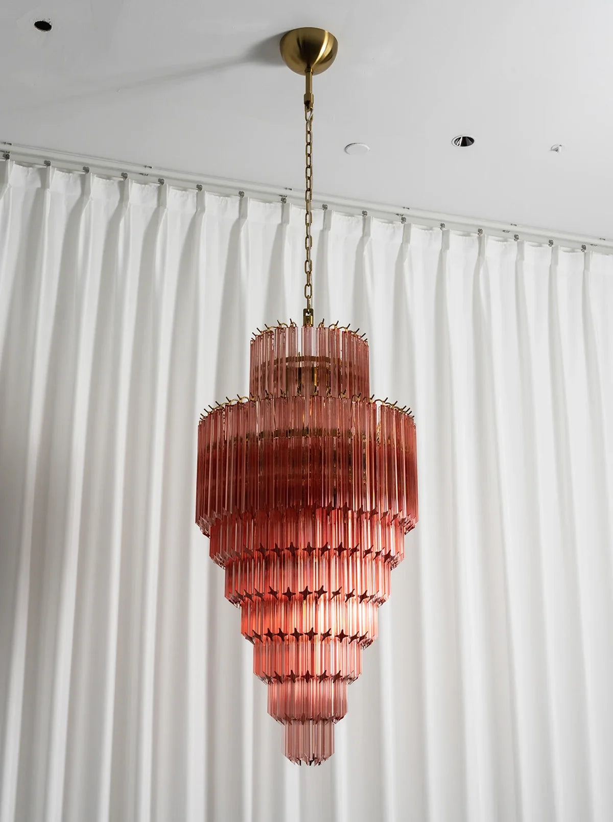 Pink Tiered Fluted Glass Waterfall Chandelier – Romantic Cascading Ceiling Light for Bedroom & Dining Room
