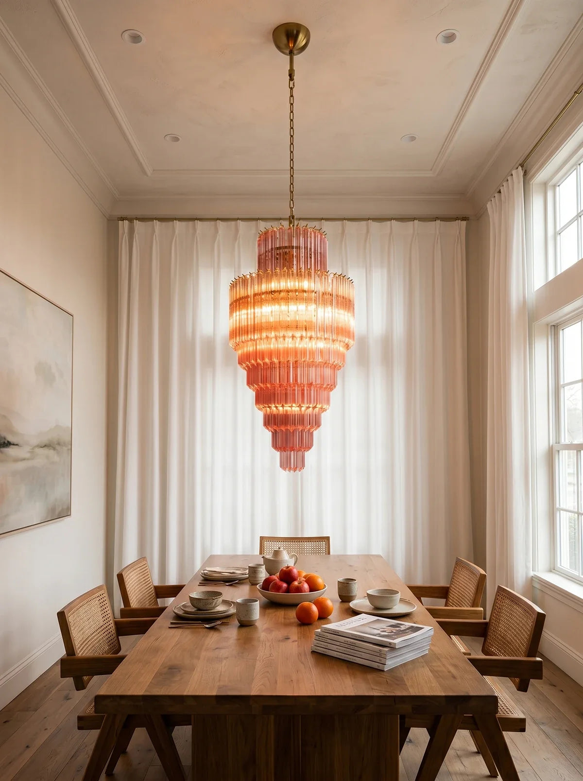 Pink Tiered Fluted Glass Waterfall Chandelier – Romantic Cascading Ceiling Light for Bedroom & Dining Room