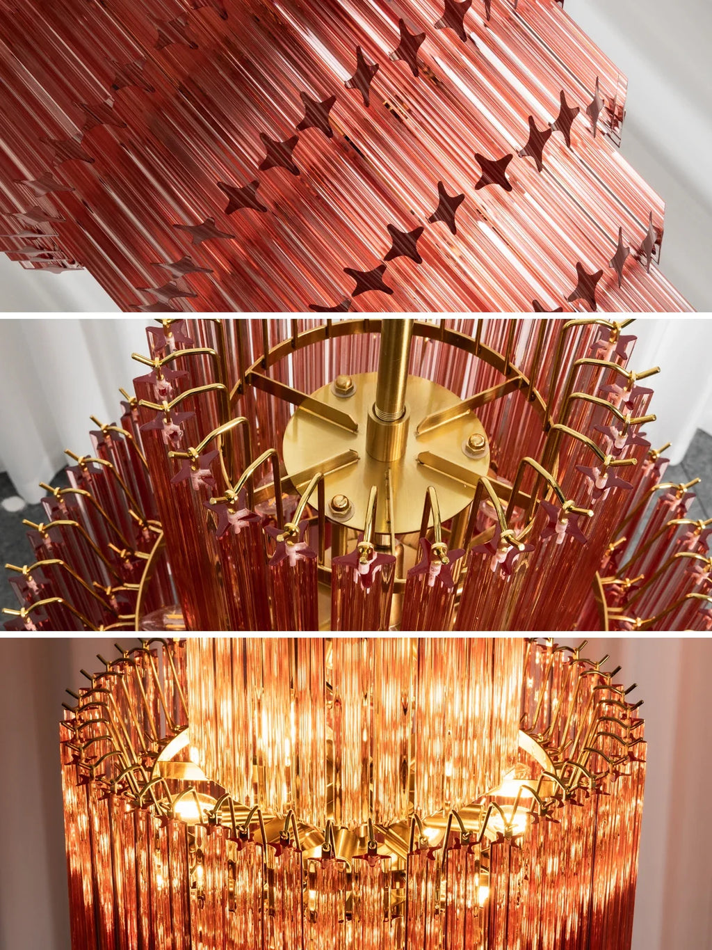 Pink Tiered Fluted Glass Waterfall Chandelier – Romantic Cascading Ceiling Light for Bedroom & Dining Room