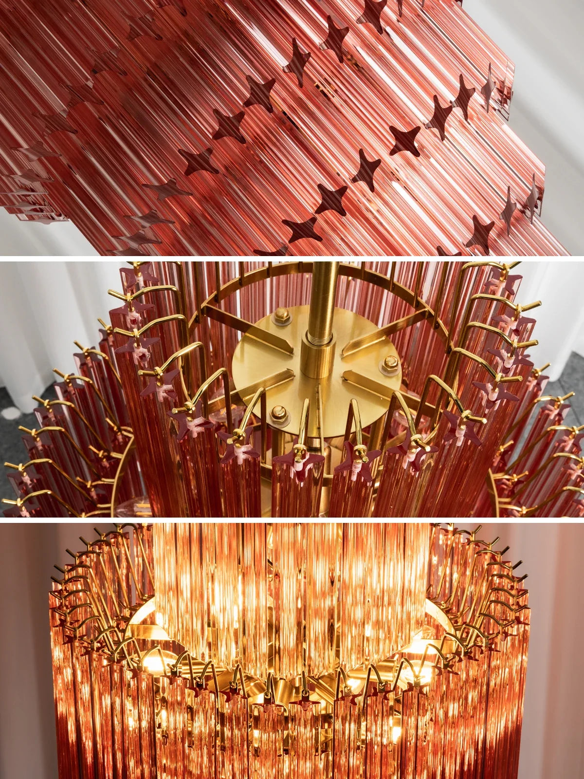 Pink Tiered Fluted Glass Waterfall Chandelier – Romantic Cascading Ceiling Light for Bedroom & Dining Room