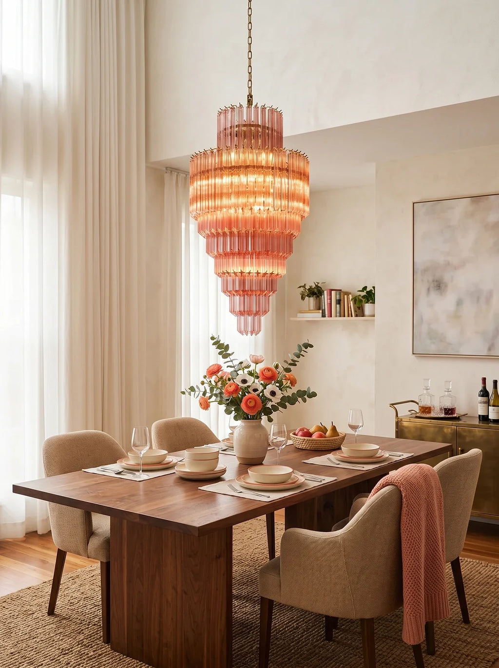 Pink Tiered Fluted Glass Waterfall Chandelier – Romantic Cascading Ceiling Light for Bedroom & Dining Room