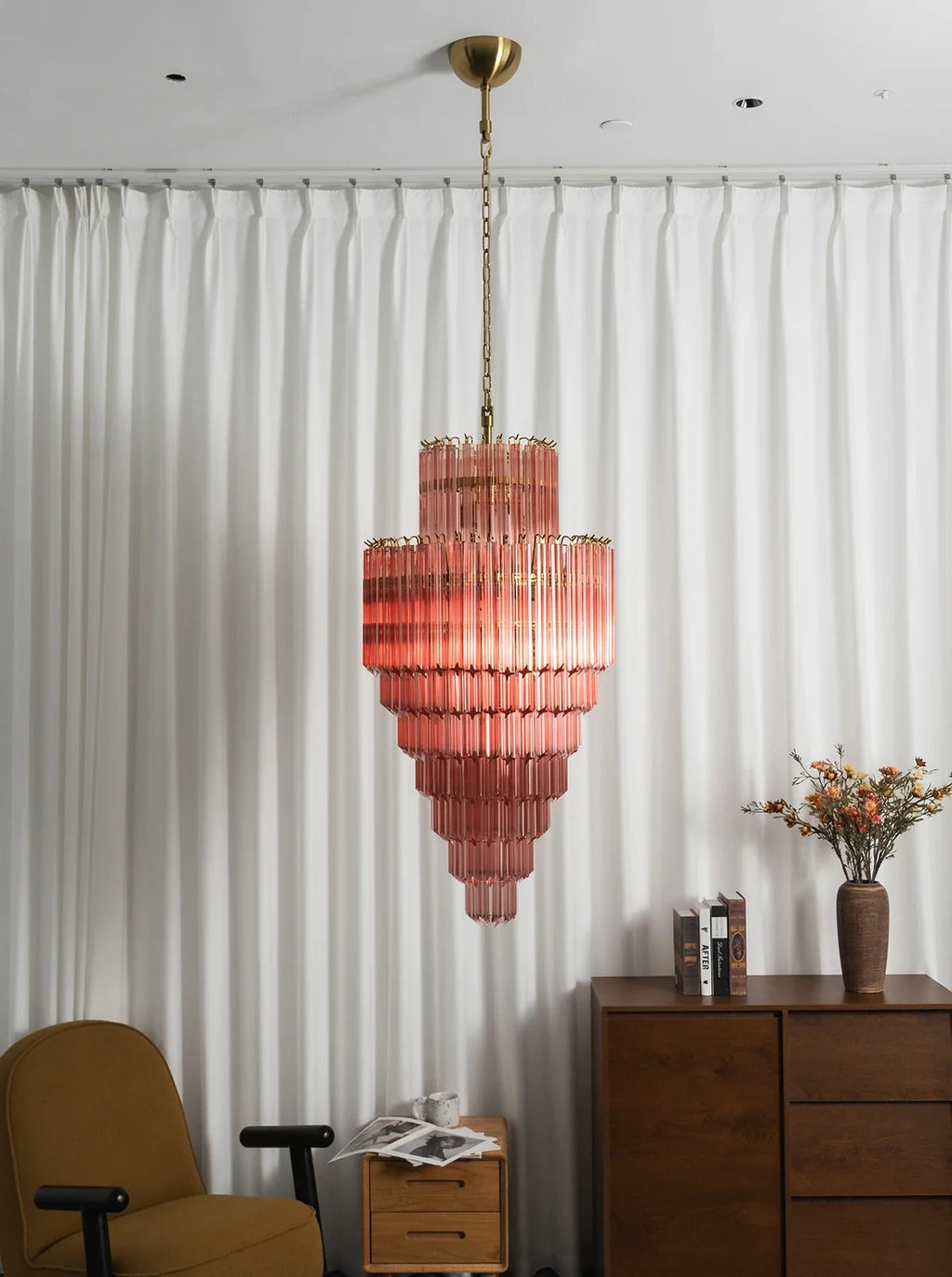 Pink Tiered Fluted Glass Waterfall Chandelier – Romantic Cascading Ceiling Light for Bedroom & Dining Room