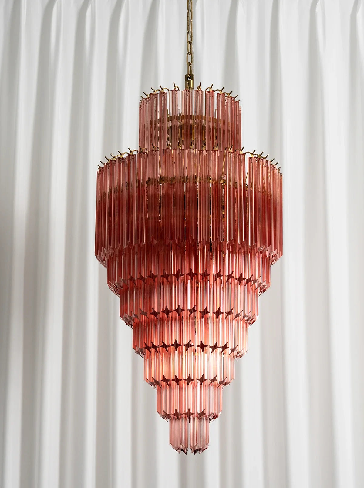 Pink Tiered Fluted Glass Waterfall Chandelier – Romantic Cascading Ceiling Light for Bedroom & Dining Room