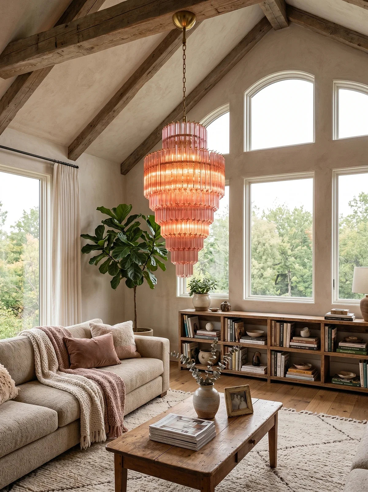 Pink Tiered Fluted Glass Waterfall Chandelier – Romantic Cascading Ceiling Light for Bedroom & Dining Room