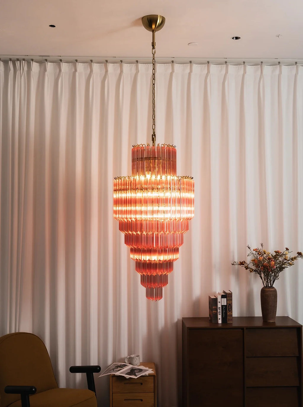 Pink Tiered Fluted Glass Waterfall Chandelier – Romantic Cascading Ceiling Light for Bedroom & Dining Room