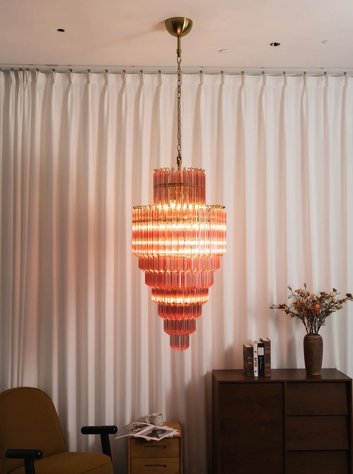 Pink Tiered Fluted Glass Waterfall Chandelier – Romantic Cascading Ceiling Light for Bedroom & Dining Room