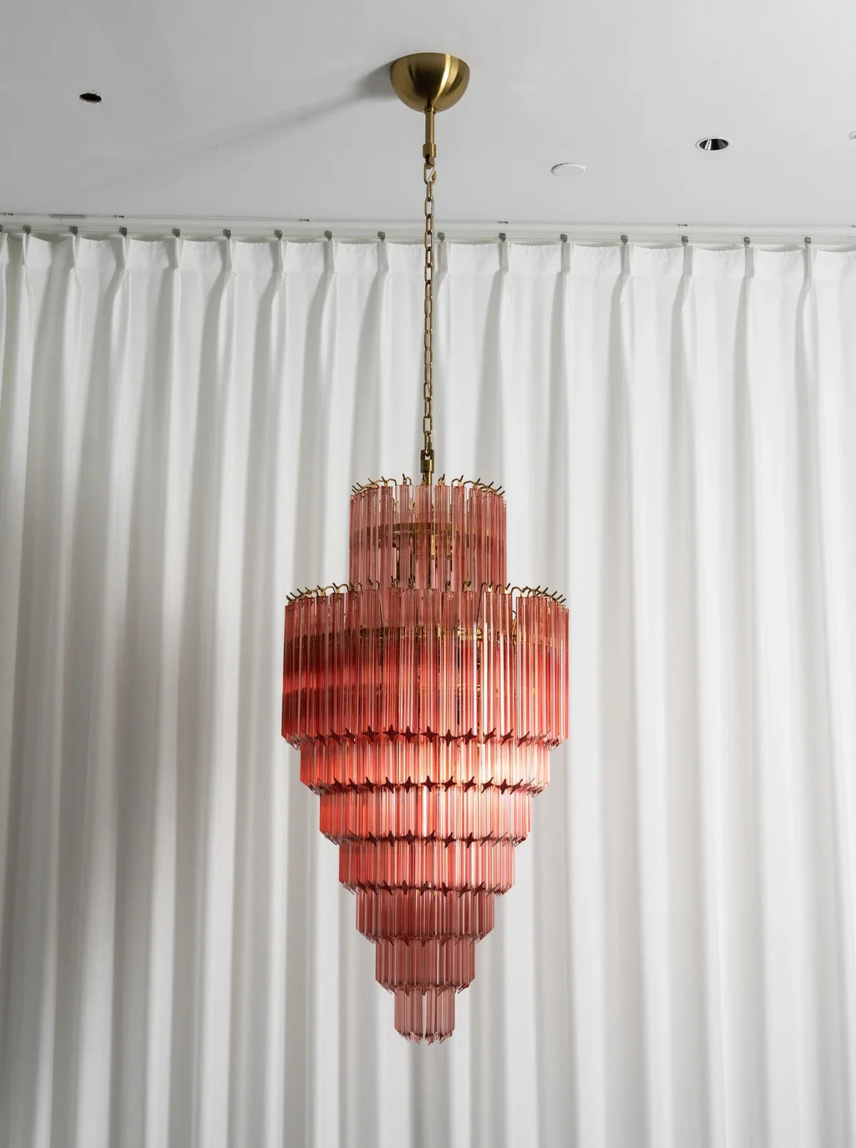 Pink Tiered Fluted Glass Waterfall Chandelier – Romantic Cascading Ceiling Light for Bedroom & Dining Room