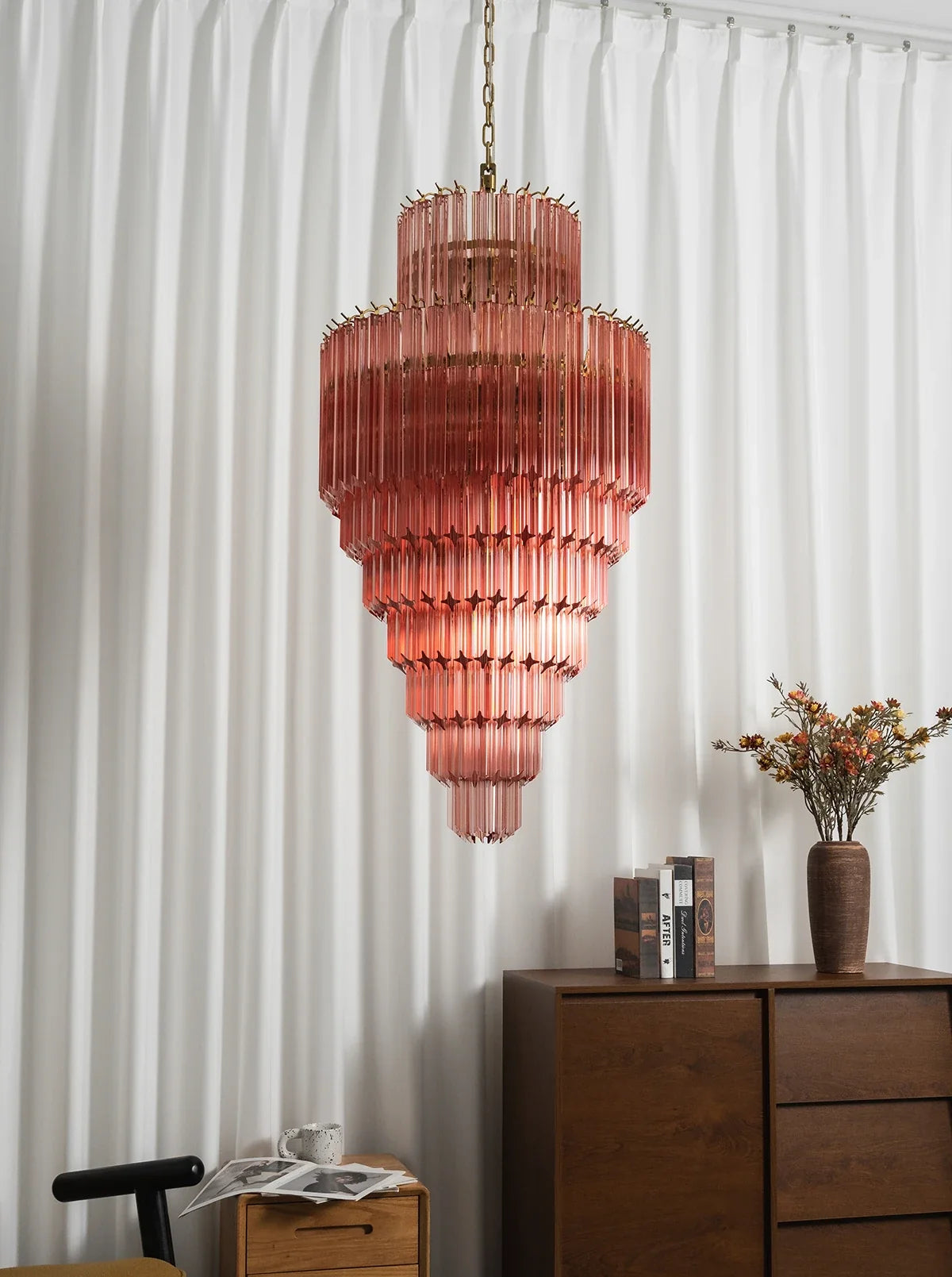 Pink Tiered Fluted Glass Waterfall Chandelier – Romantic Cascading Ceiling Light for Bedroom & Dining Room