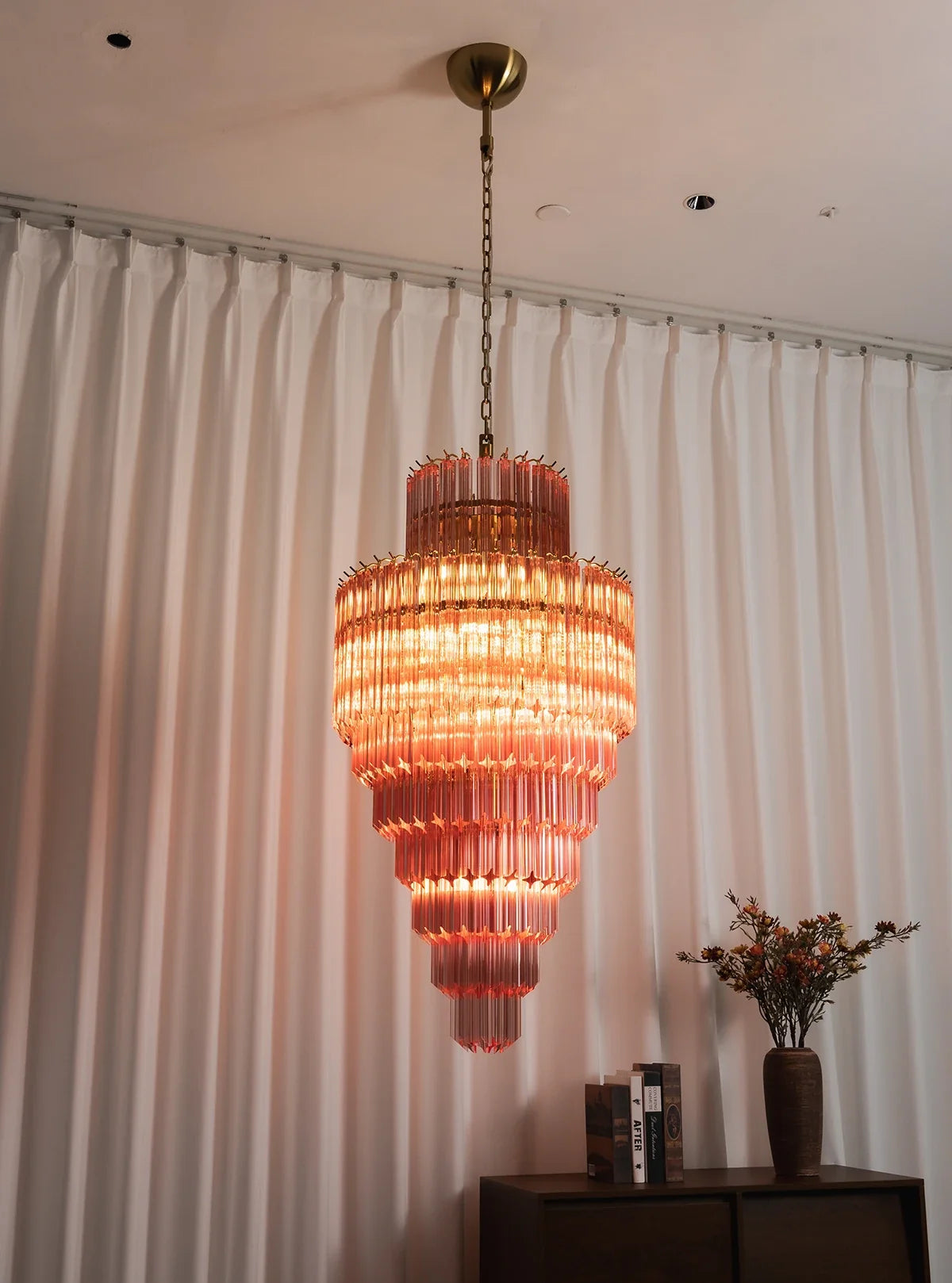 Pink Tiered Fluted Glass Waterfall Chandelier – Romantic Cascading Ceiling Light for Bedroom & Dining Room